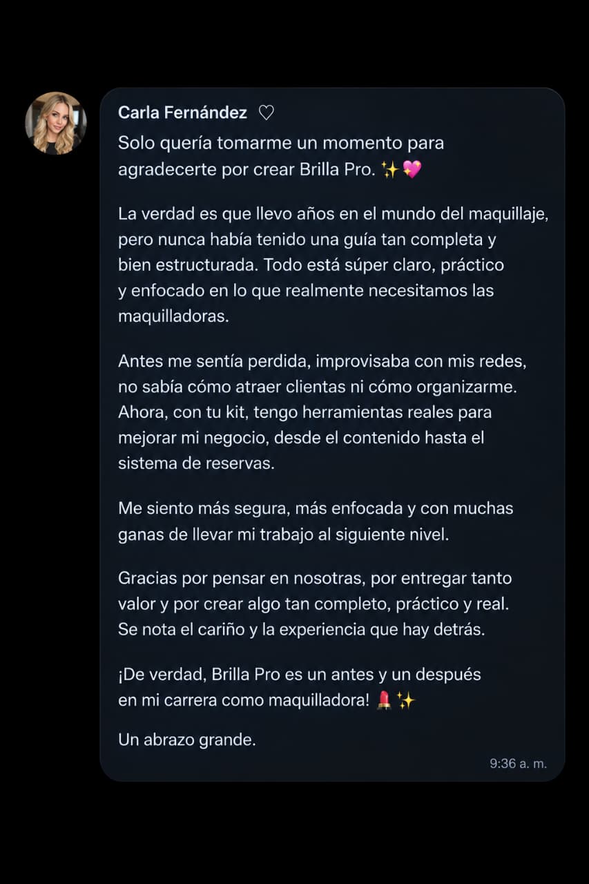 Testimonio de Carla Fernández sobre Brilla Pro: guía clara y completa para maquilladoras
