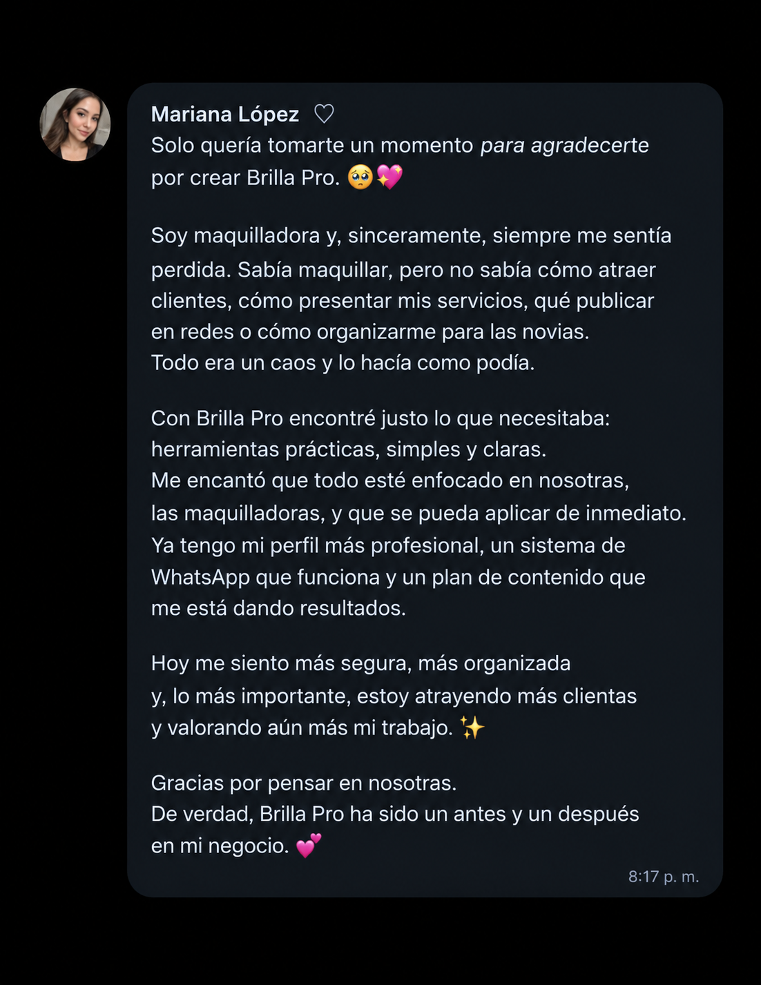 Testimonio de Mariana López sobre Brilla Pro: perfil más profesional, WhatsApp y plan de contenido