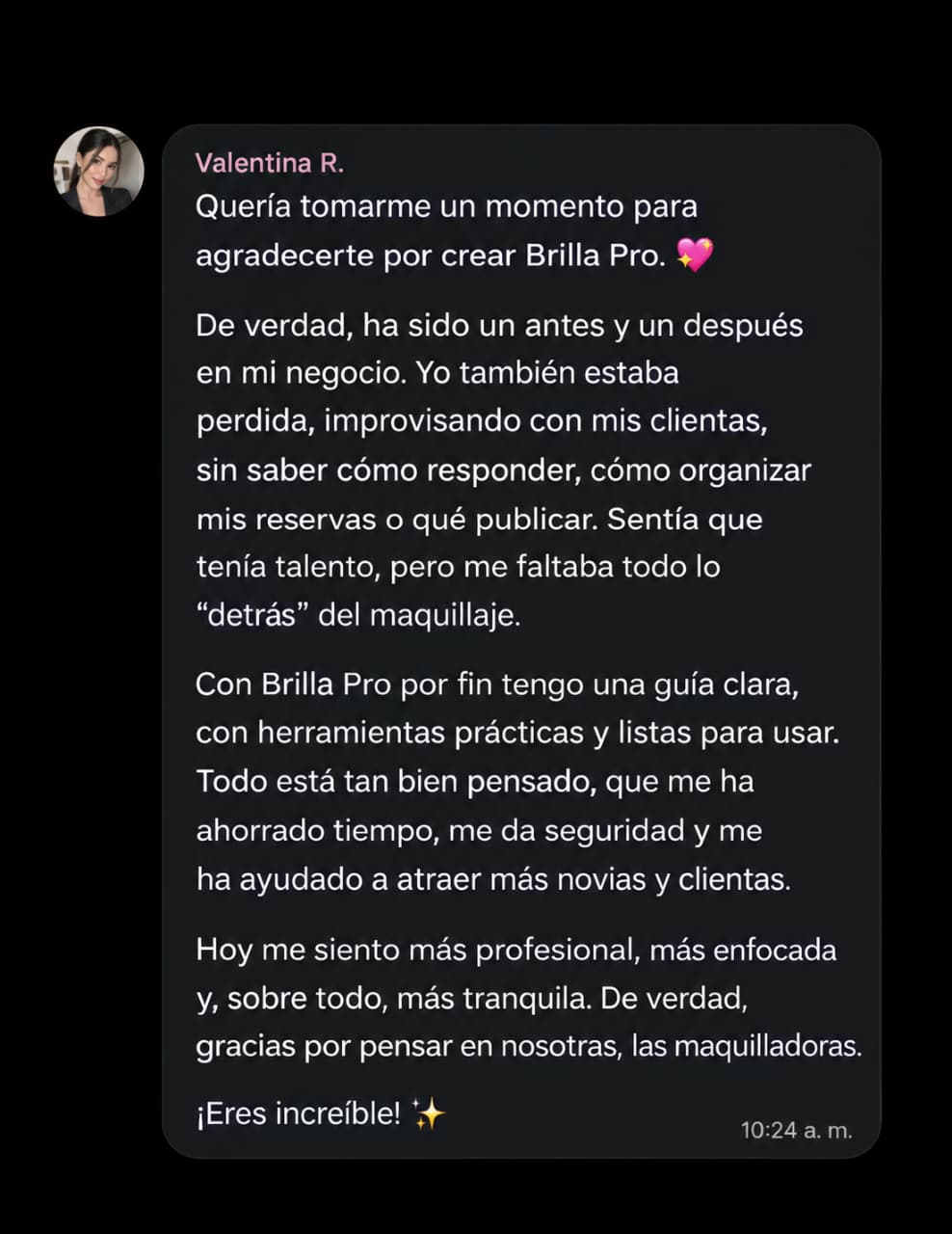 Testimonio de Valentina R. sobre Brilla Pro: más novias, más organización y más seguridad